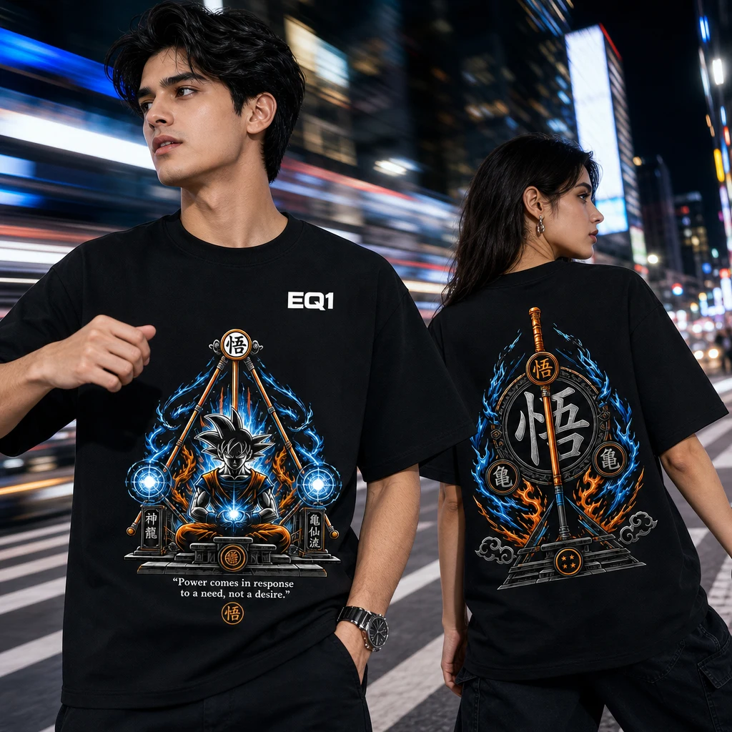 Goku Relic Shrine T-shirt — on-model front and back view