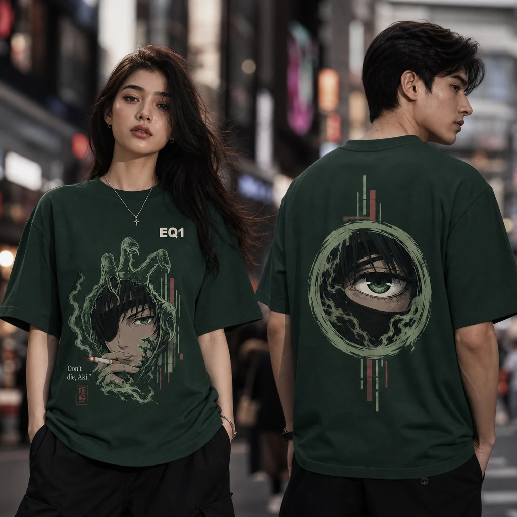 Himeno Eyes and Power T-shirt — on-model front and back view