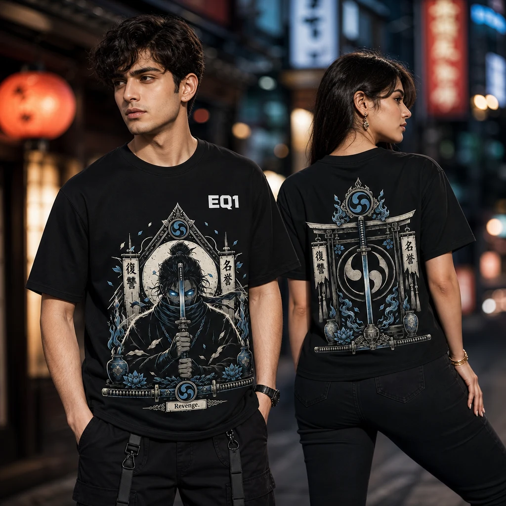 Mizu Relic Shrine T-shirt — on-model front and back view