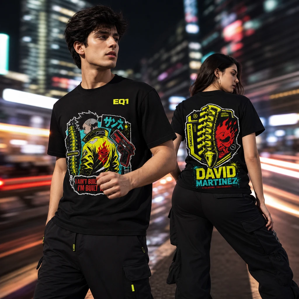 David Martinez Sticker Crest T-shirt — on-model front and back view