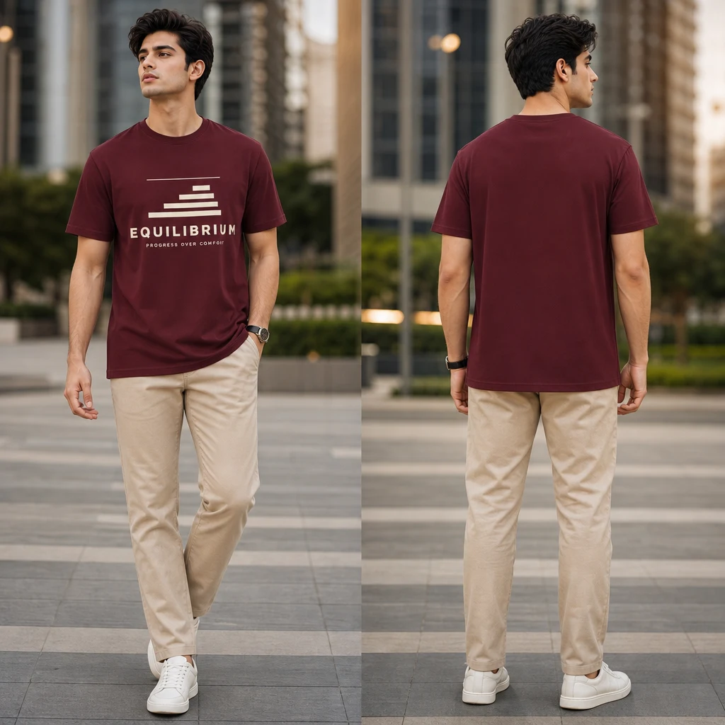 Progress Over Comfort Rising Terraces T-shirt — on-model front and back view