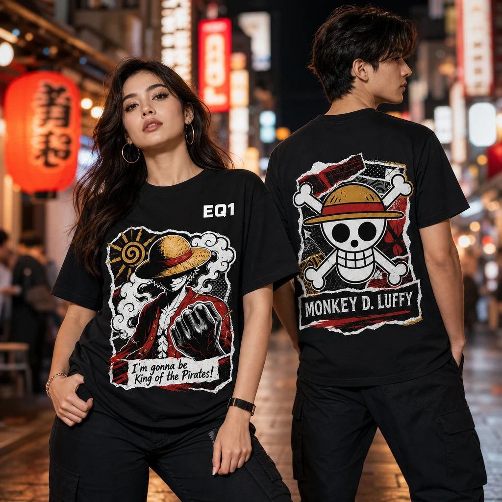 Monkey D. Luffy Sticker Crest T-shirt — on-model front and back view