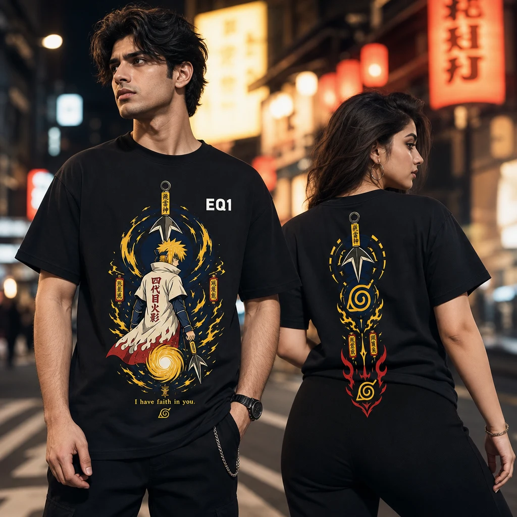 Minato Namikaze Symbol Totem T-shirt — on-model front and back view