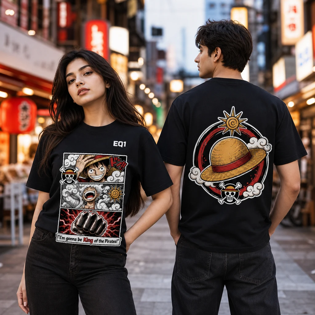 Monkey D. Luffy Panel Stack T-shirt — on-model front and back view