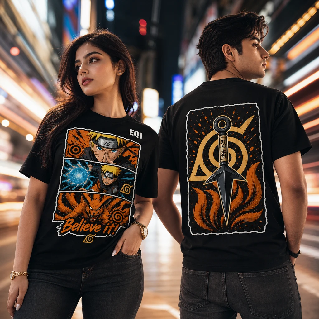 Naruto Uzumaki Panel Stack T-shirt — on-model front and back view