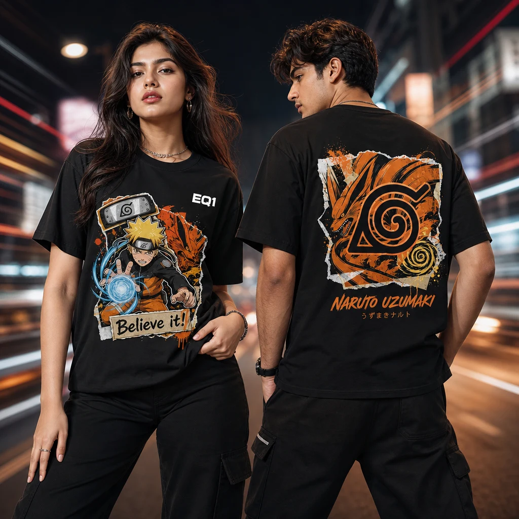 Naruto Uzumaki Sticker Crest T-shirt — on-model front and back view