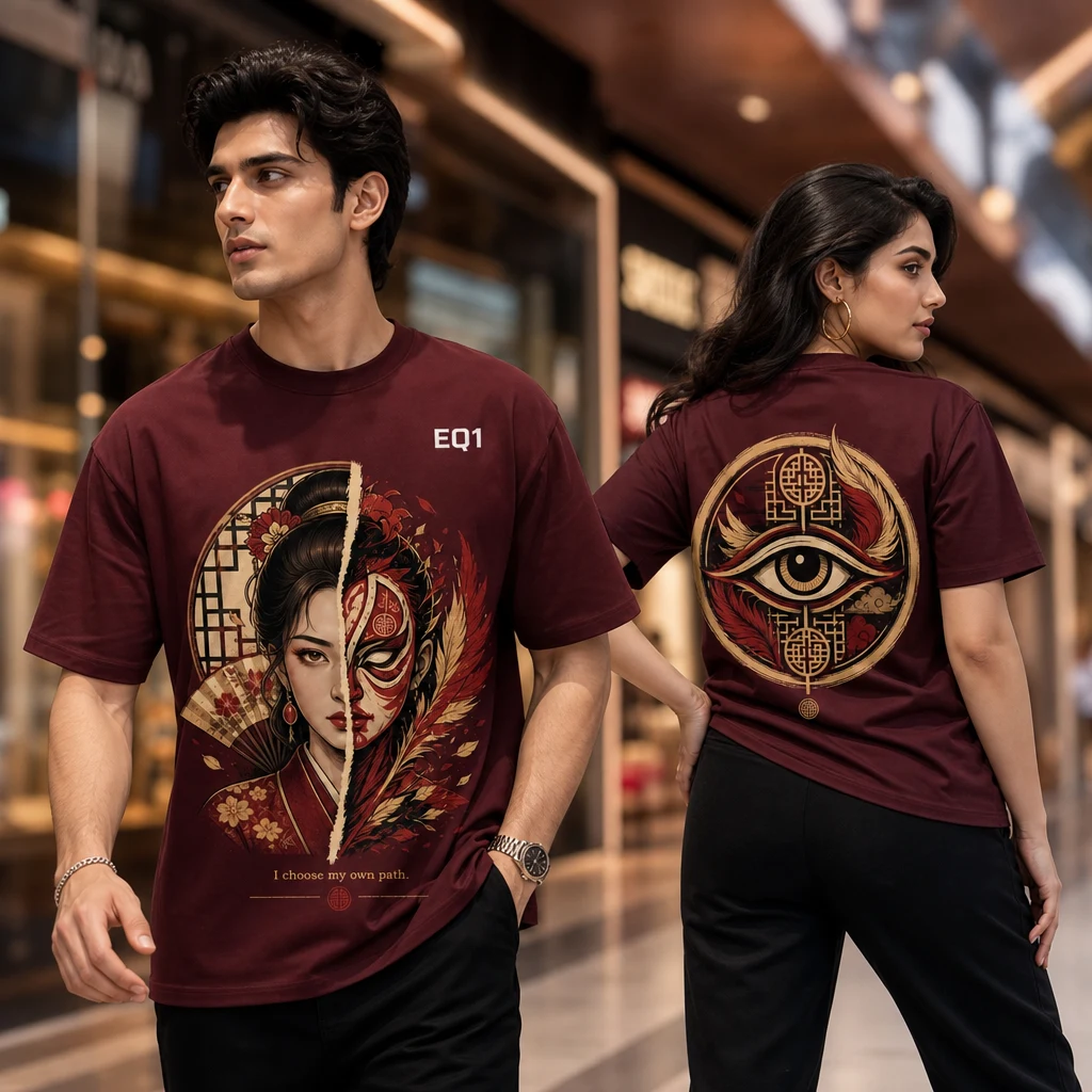 Akemi Split Portrait T-shirt — on-model front and back view
