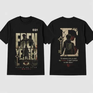 Eren Yeager Typography Tower T-shirt — product front and back view