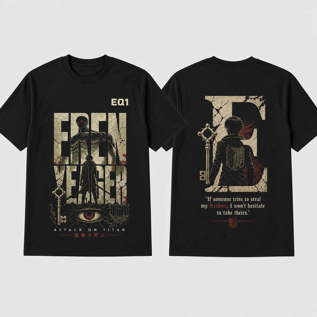 Eren Yeager Typography Tower T-shirt — product front and back view