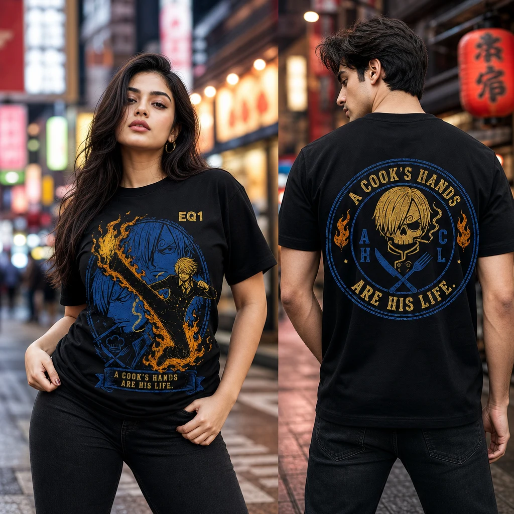 Sanji Distressed Stamp T-shirt — on-model front and back view