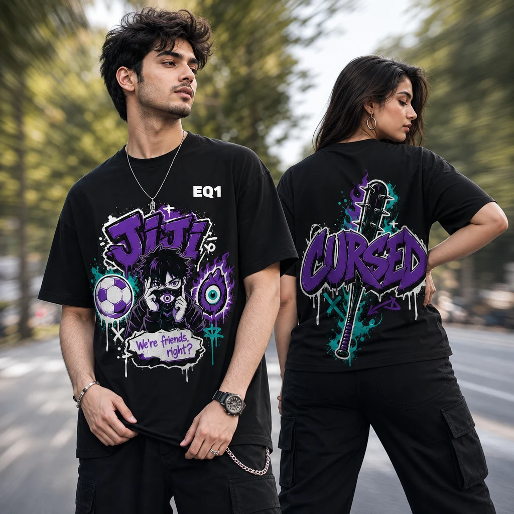 Jiji Graffiti Burst T-shirt — on-model front and back view