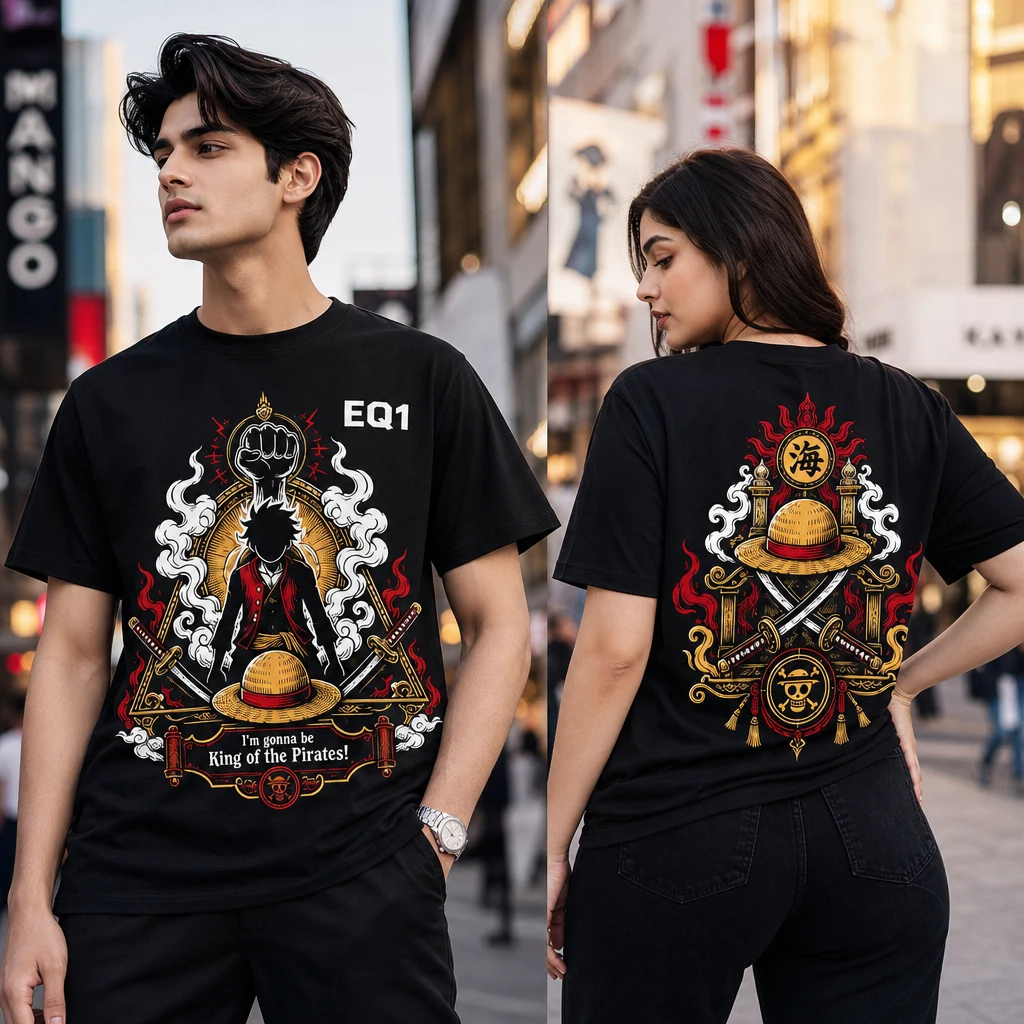 Monkey D. Luffy Relic Shrine T-shirt — on-model front and back view