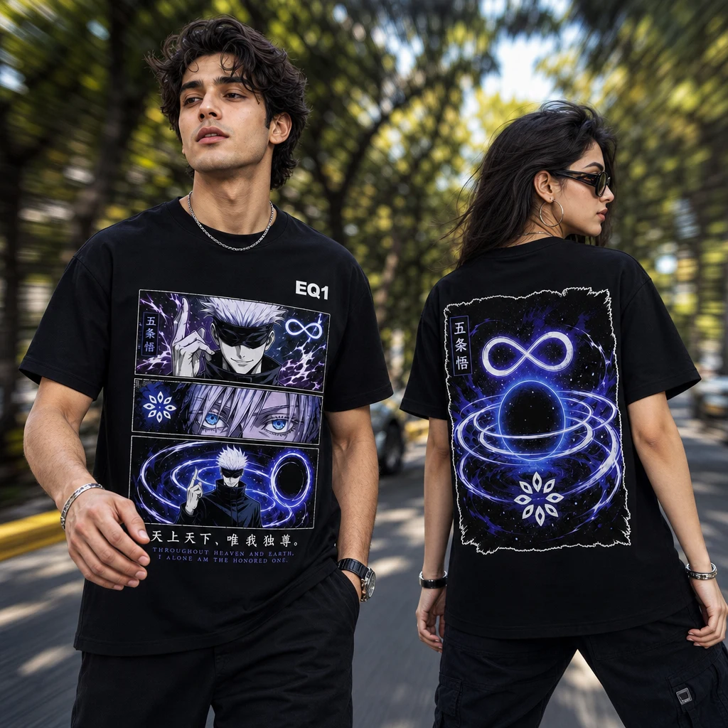 Satoru Gojo Panel Stack T-shirt — on-model front and back view
