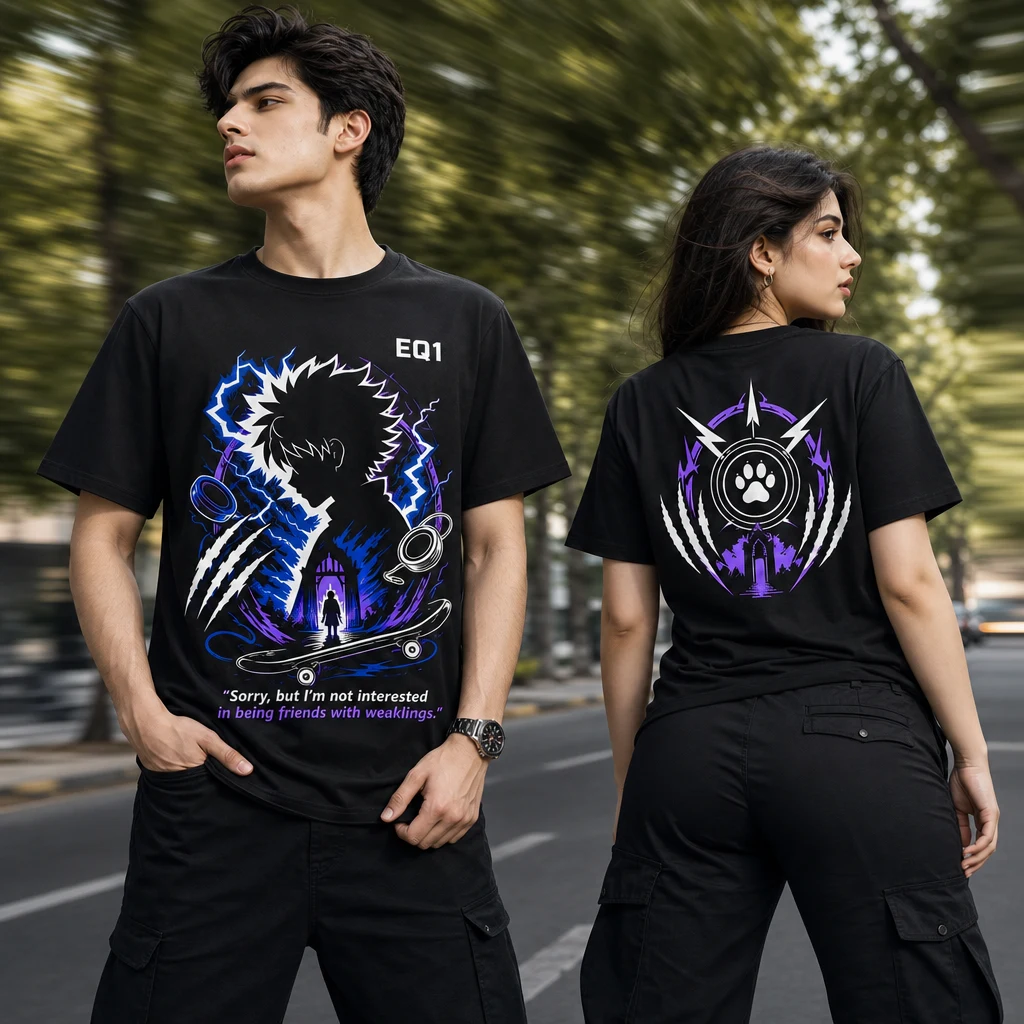 Killua Zoldyck Negative Space T-shirt — on-model front and back view