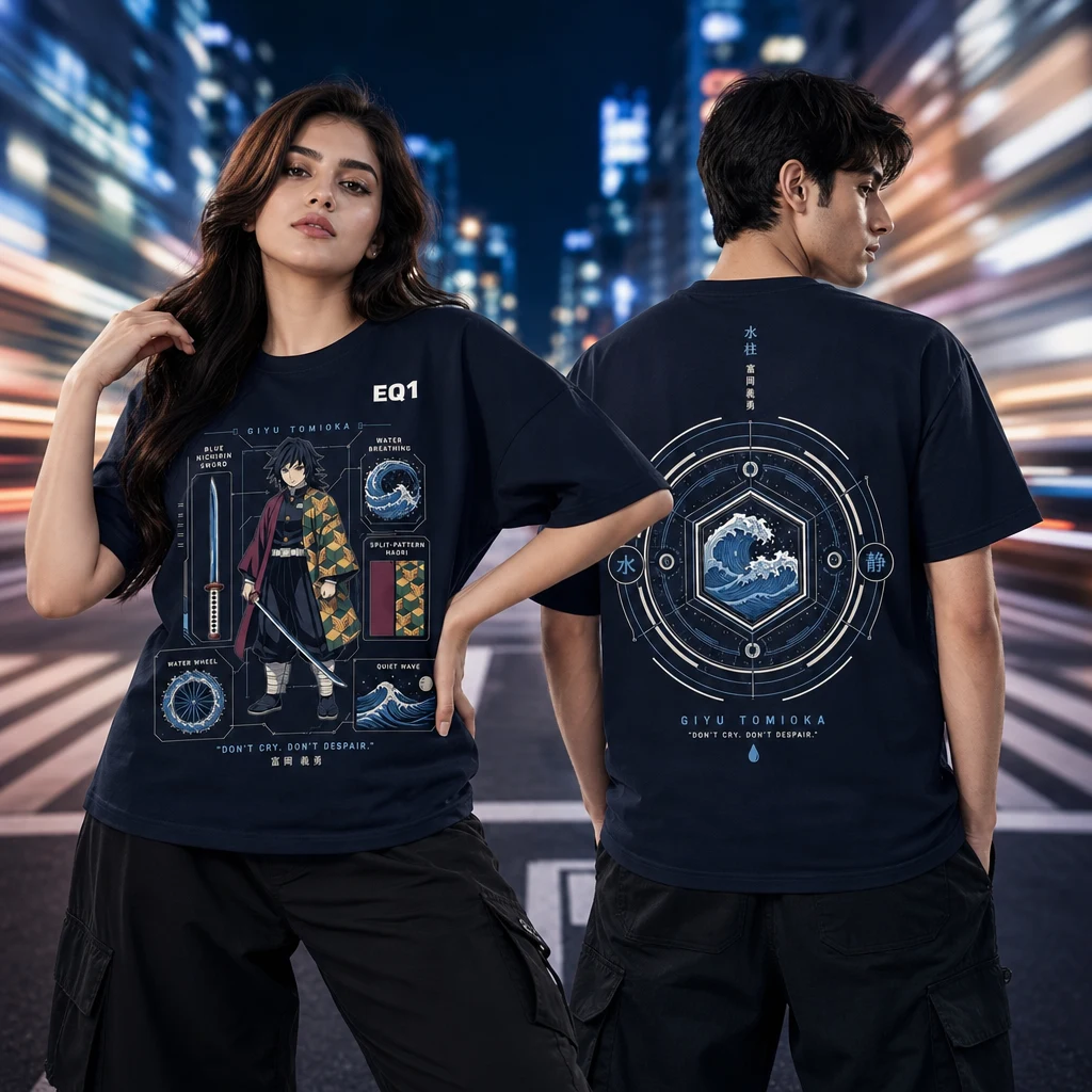Giyu Tomioka Technical Cutaway T-shirt — on-model front and back view