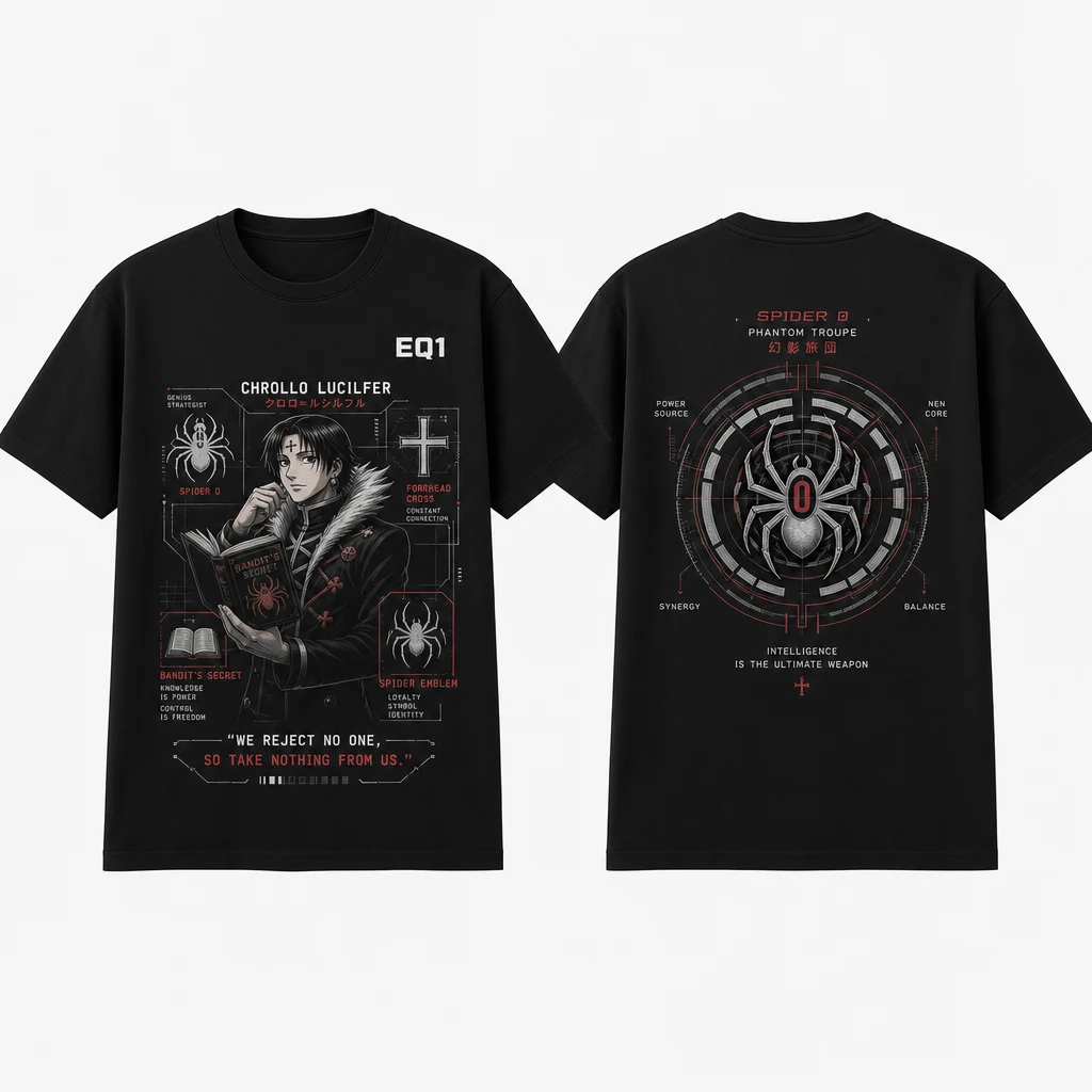 Chrollo Lucilfer Technical Cutaway T-shirt — product front and back view
