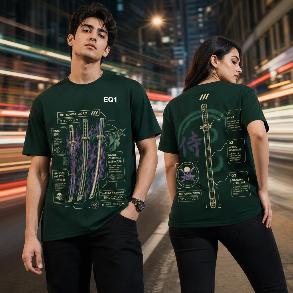 Roronoa Zoro Weapon Blueprint T-shirt — on-model front and back view