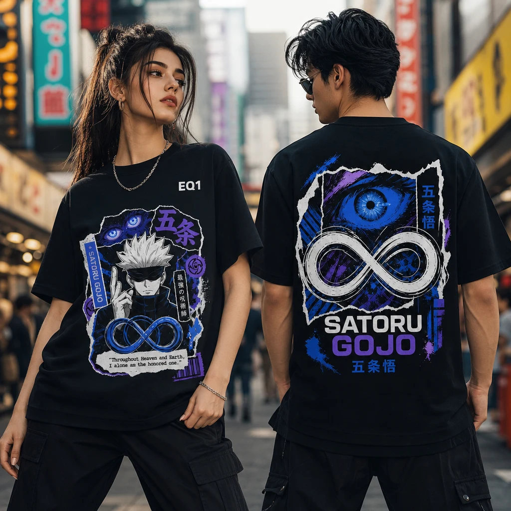 Satoru Gojo Sticker Crest T-shirt — on-model front and back view