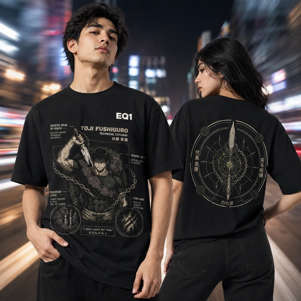 Toji Fushiguro Technical Cutaway T-shirt — on-model front and back view