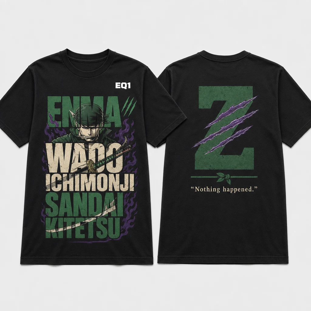 Roronoa Zoro Typography Tower T-shirt — product front and back view