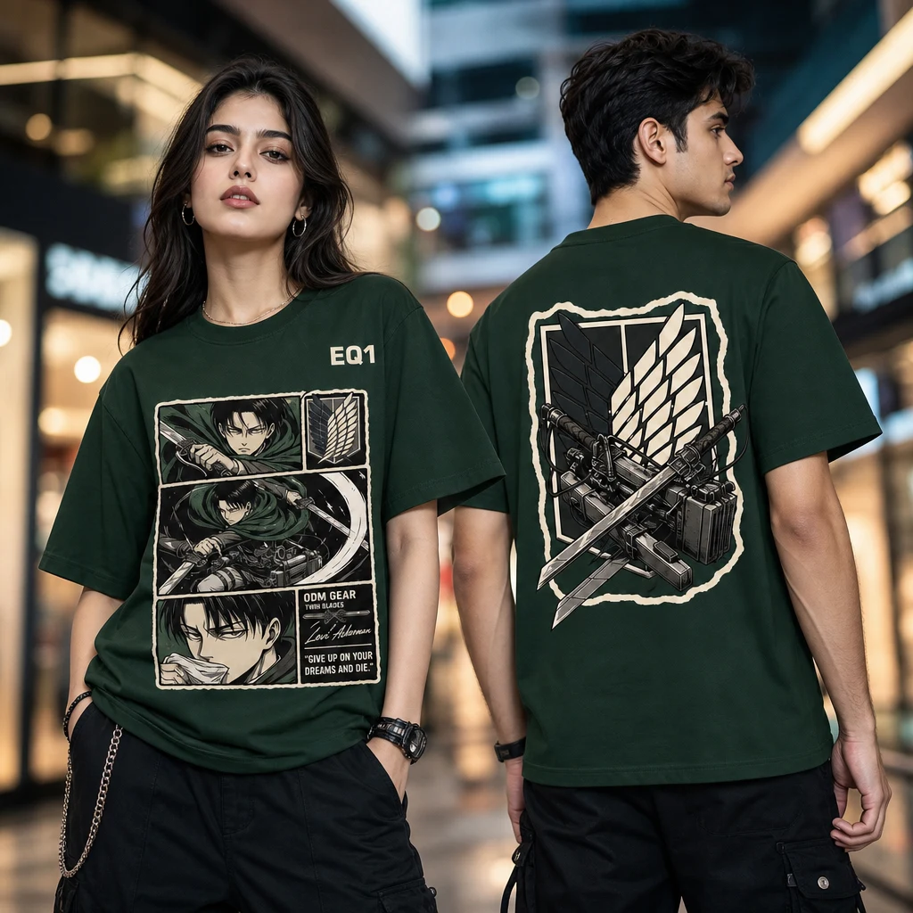 Levi Ackerman Panel Stack T-shirt — on-model front and back view