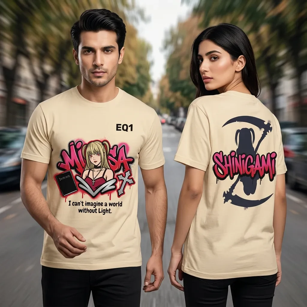 Misa Amane Graffiti Burst T-shirt — on-model front and back view