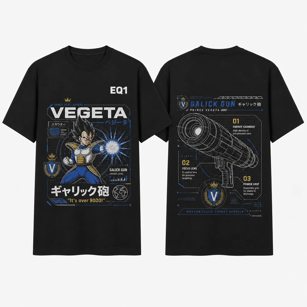 Vegeta Weapon Blueprint T-shirt — product front and back view