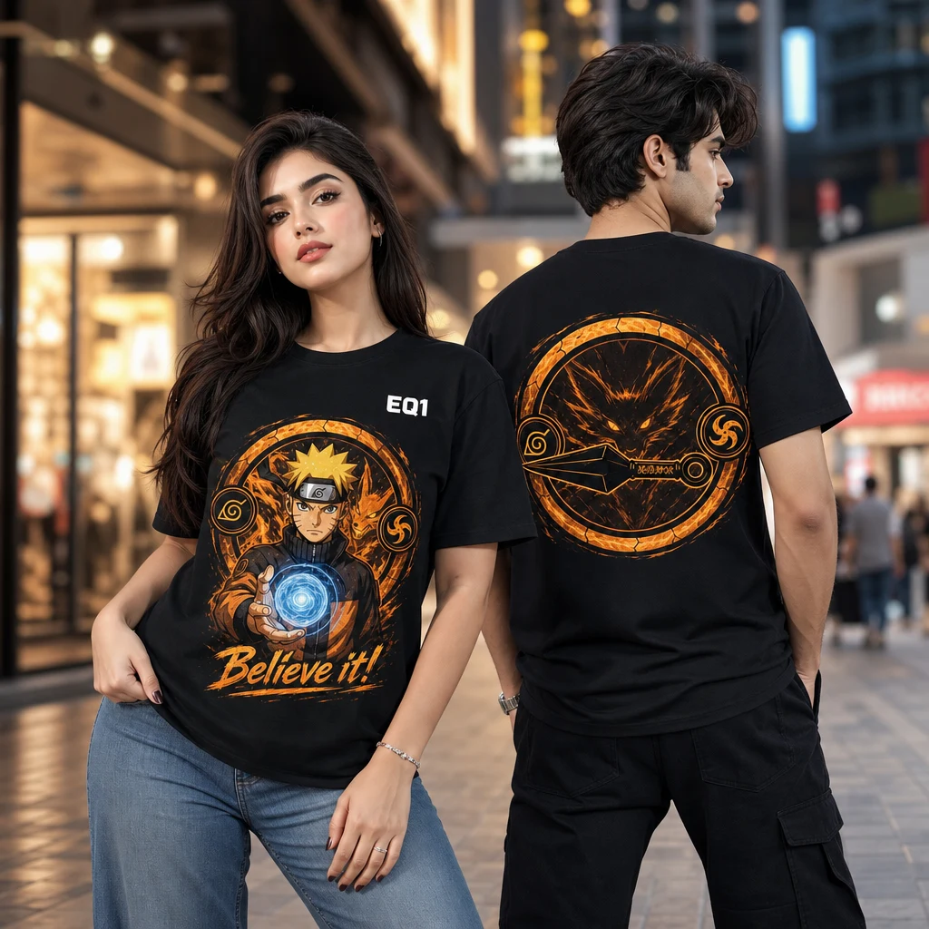 Naruto Uzumaki Elemental Halo T-shirt — on-model front and back view
