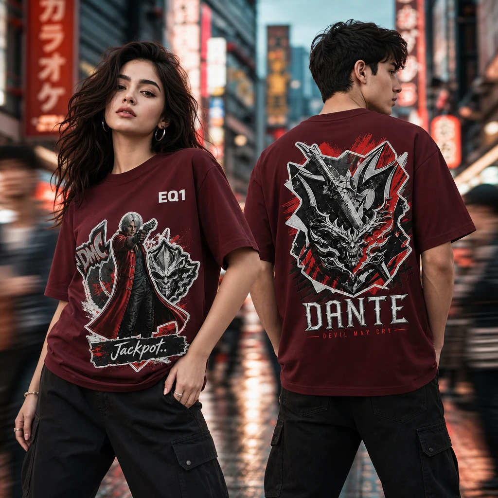 Dante Sticker Crest T-shirt — on-model front and back view