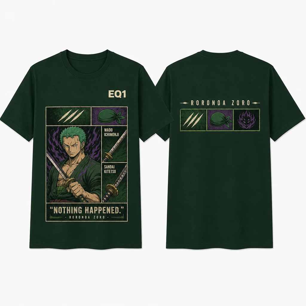 Roronoa Zoro Emblem Grid T-shirt — product front and back view
