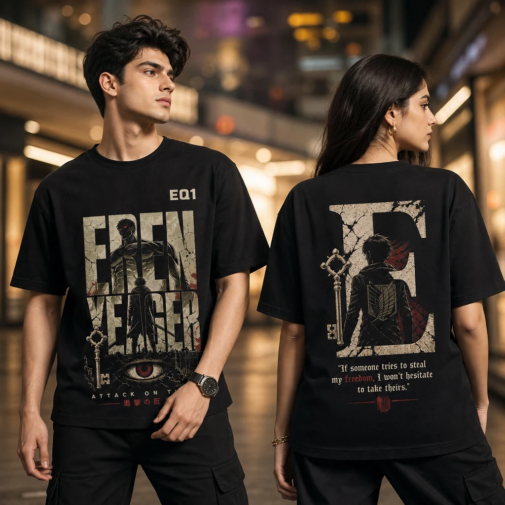Eren Yeager Typography Tower T-shirt — on-model front and back view