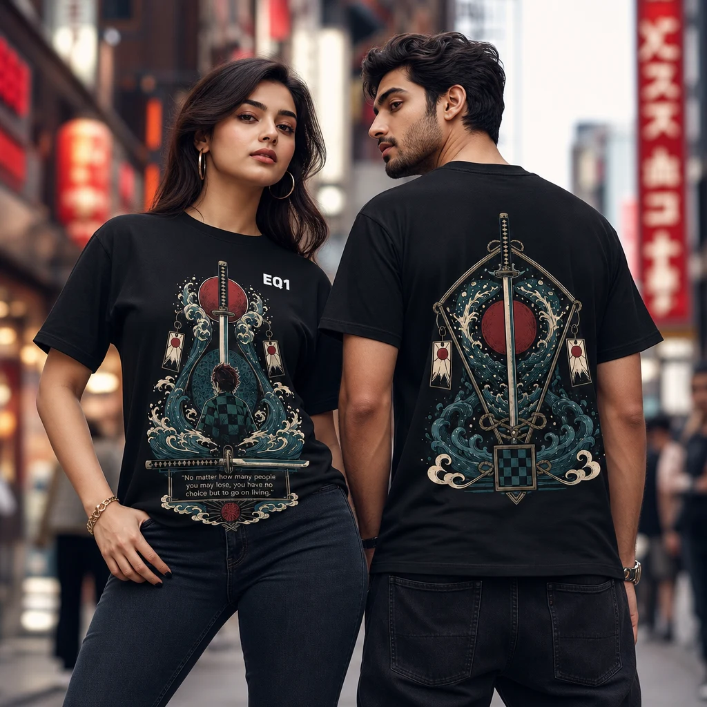 Tanjiro Kamado Relic Shrine T-shirt — on-model front and back view