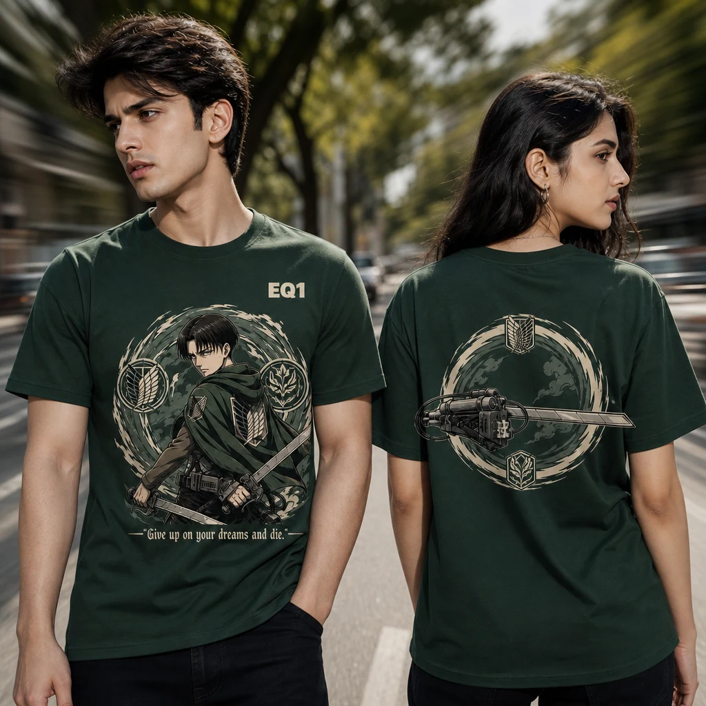 Levi Ackerman Elemental Halo T-shirt — on-model front and back view