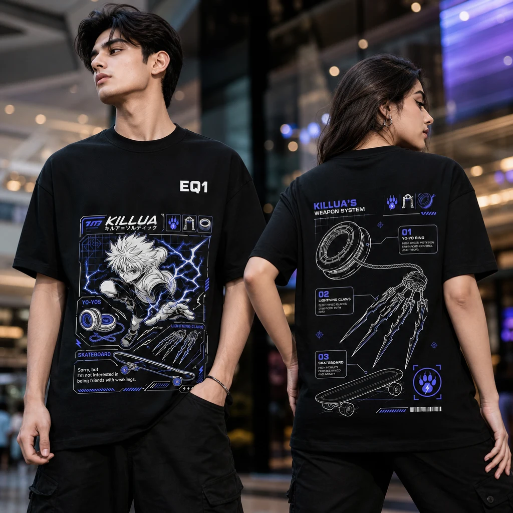 Killua Zoldyck Weapon Blueprint T-shirt — on-model front and back view