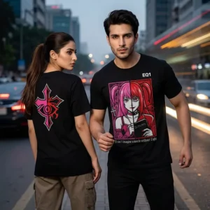 Misa Amane Duality Split T-shirt — on-model front and back view