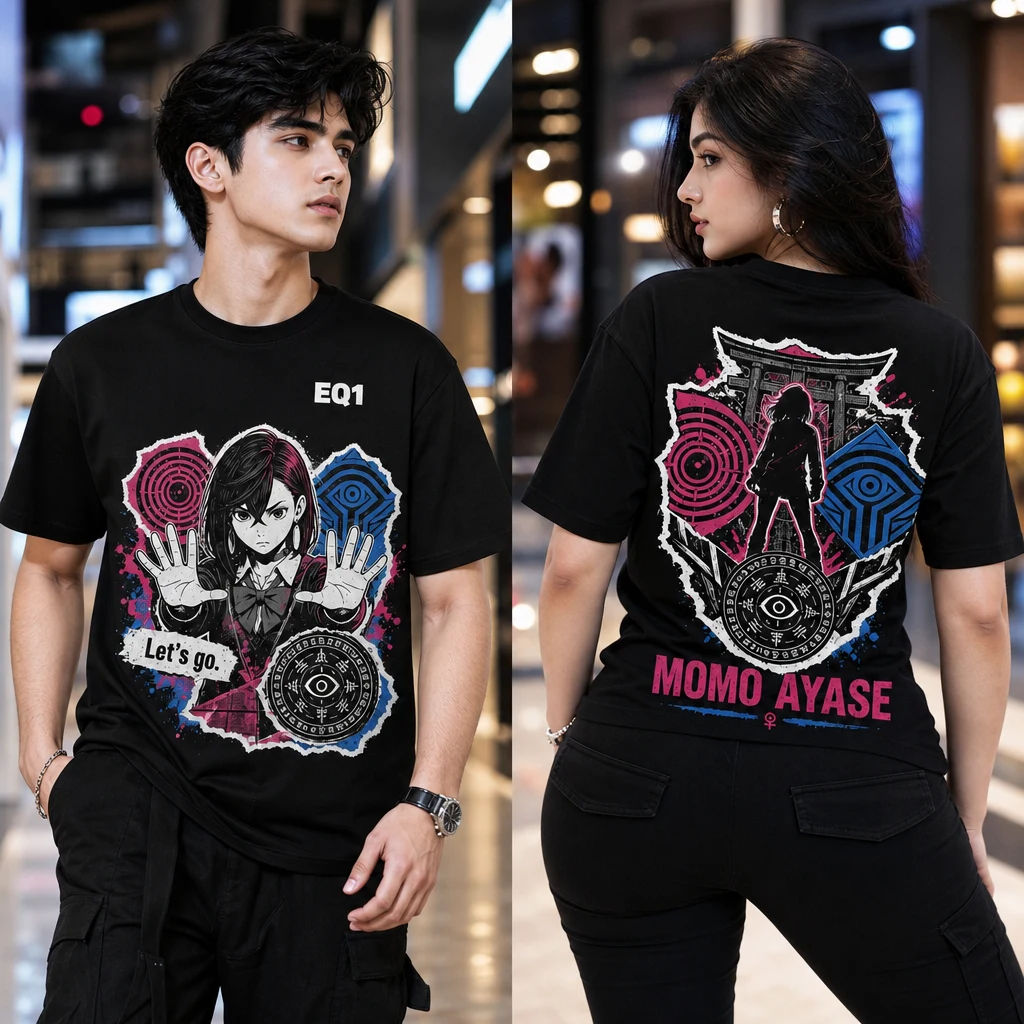Momo Ayase Sticker Crest T-shirt — on-model front and back view