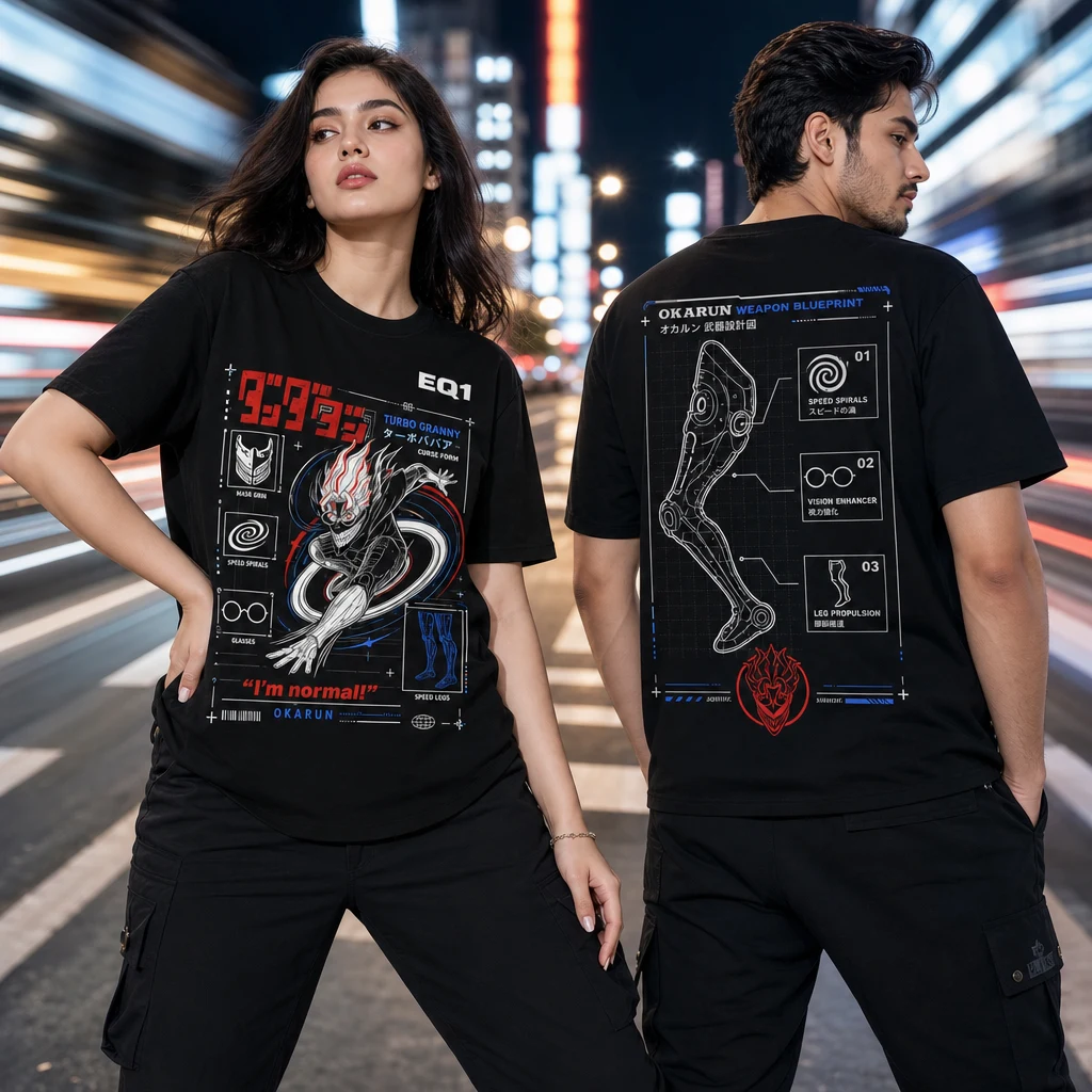 Okarun Weapon Blueprint T-shirt — on-model front and back view