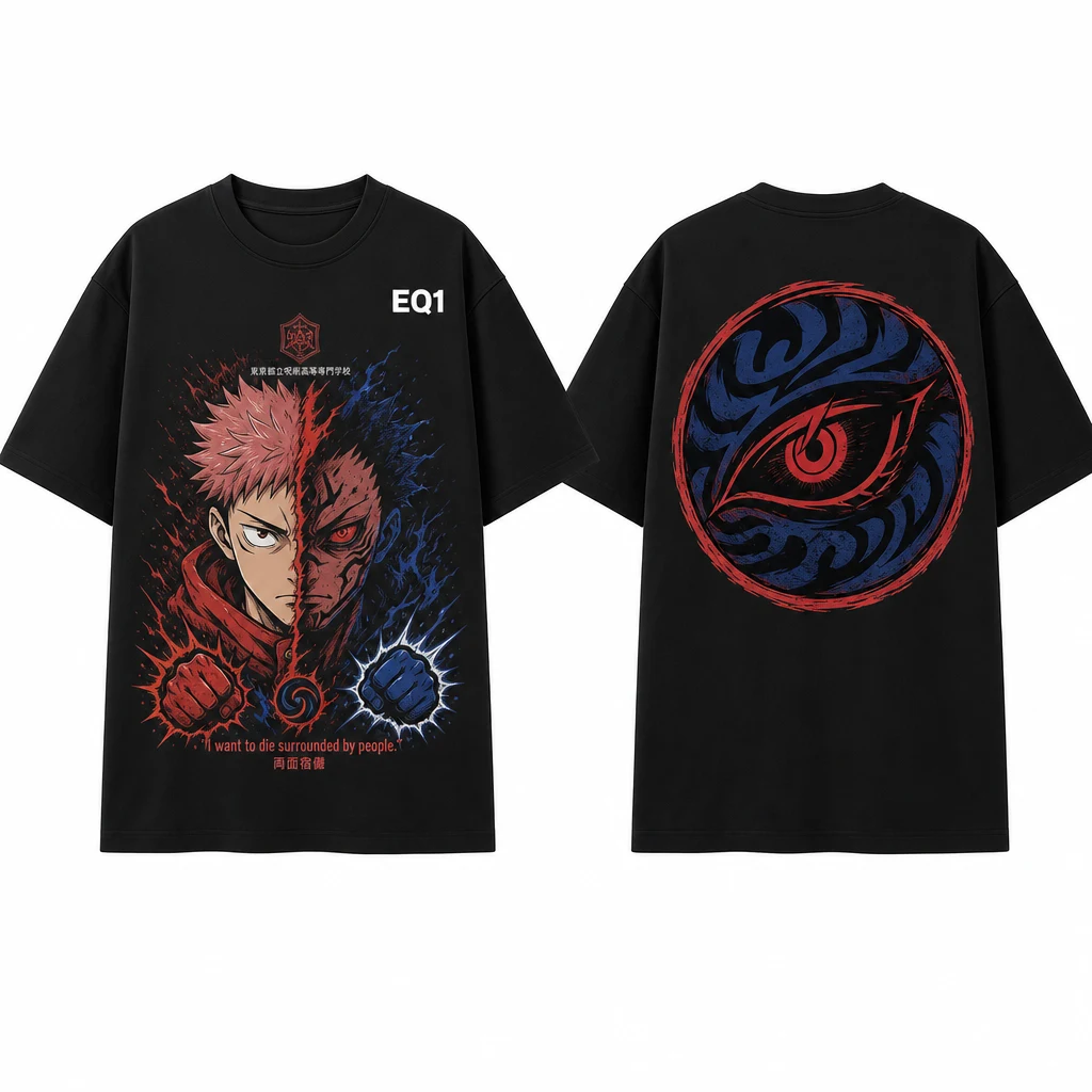 Yuji Itadori Split Portrait T-shirt — product front and back view
