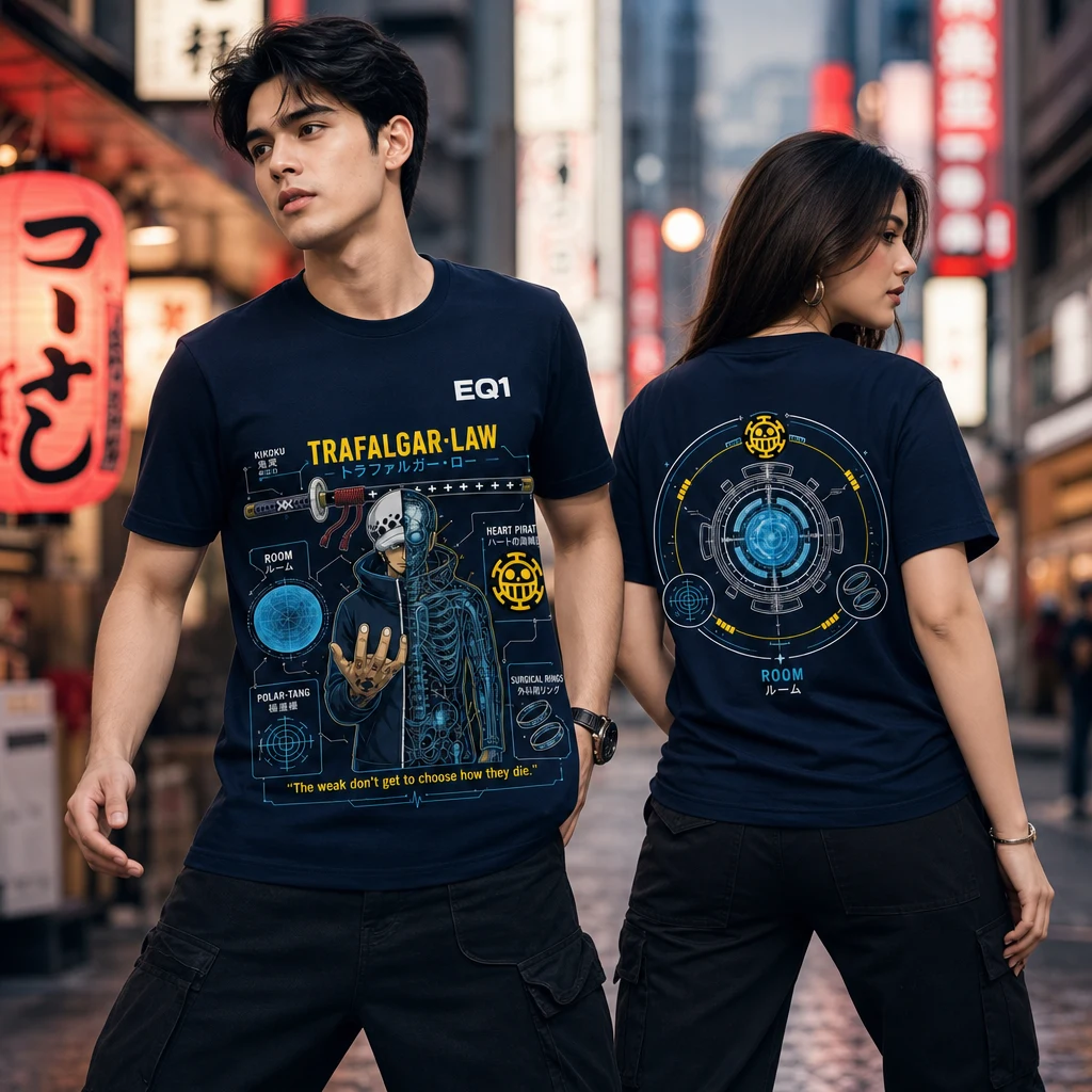 Trafalgar Law Technical Cutaway T-shirt — on-model front and back view