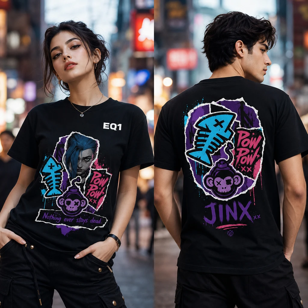 Jinx Sticker Crest T-shirt — on-model front and back view