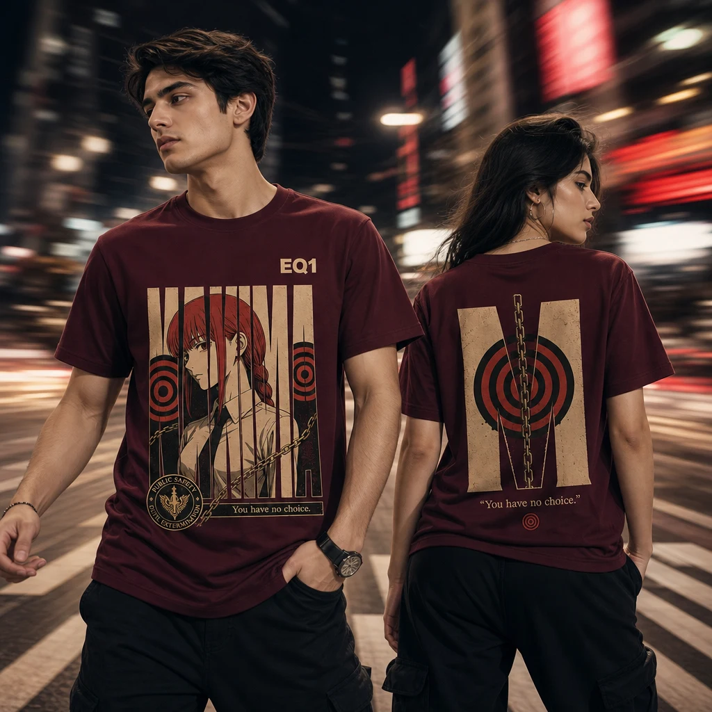 Makima Typography Tower T-shirt — on-model front and back view