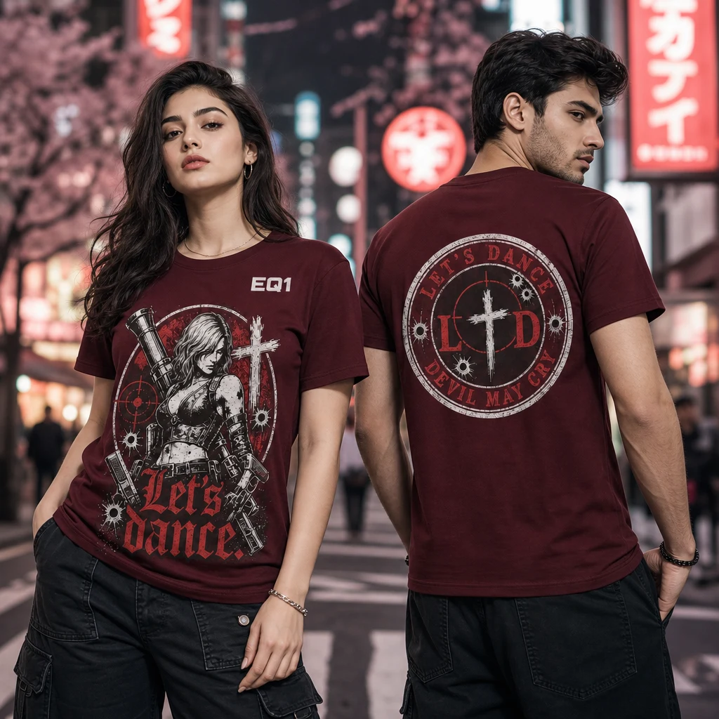 Lady Distressed Stamp T-shirt — on-model front and back view