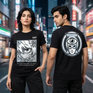 Near Eyes and Power T-shirt — on-model front and back view