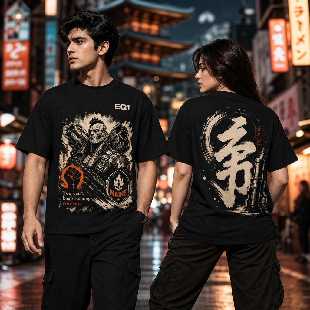 Maine Monochrome Ink T-shirt — on-model front and back view