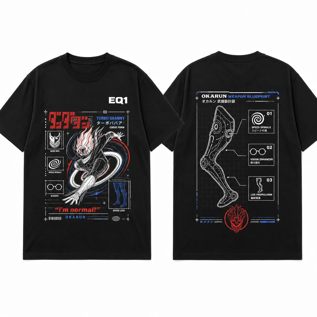 Okarun Weapon Blueprint T-shirt — product front and back view