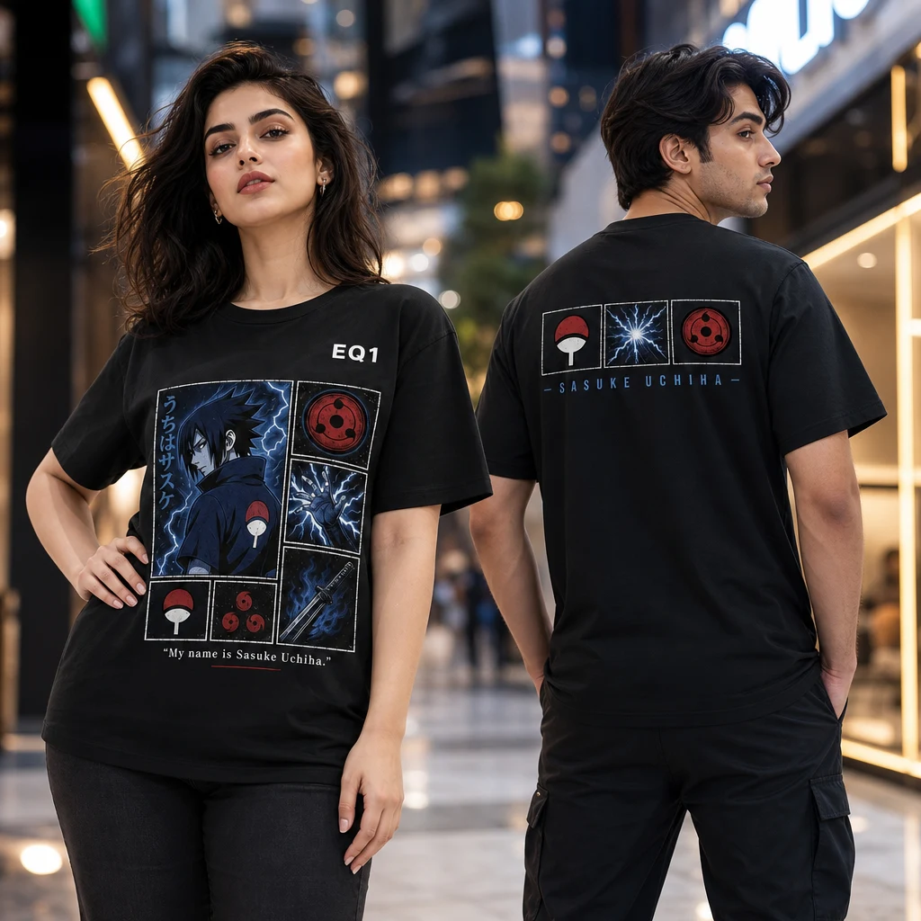 Sasuke Uchiha Emblem Grid T-shirt — on-model front and back view