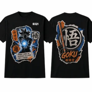Goku Sticker Crest T-shirt — product front and back view