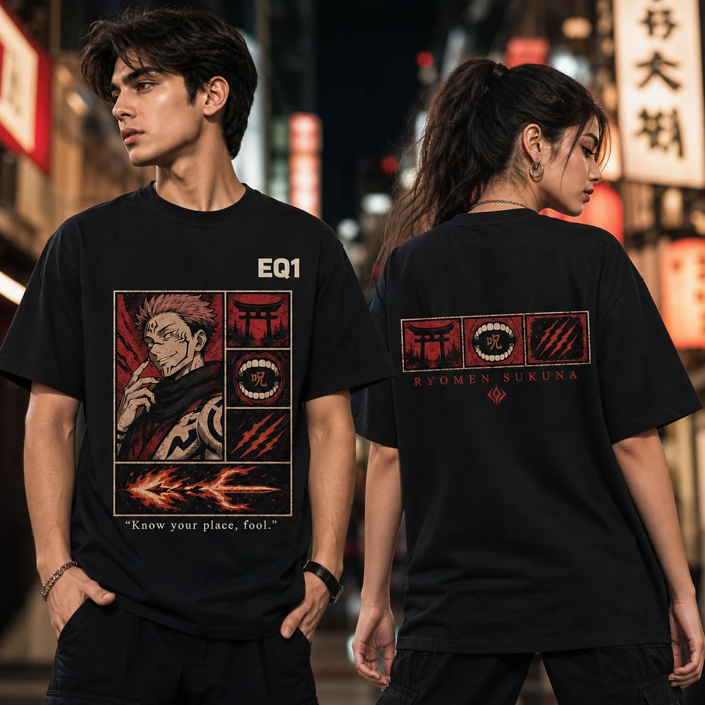 Ryomen Sukuna Emblem Grid T-shirt — on-model front and back view