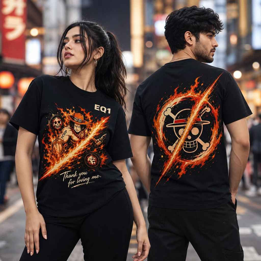 Portgas D. Ace Impact Slash T-shirt — on-model front and back view