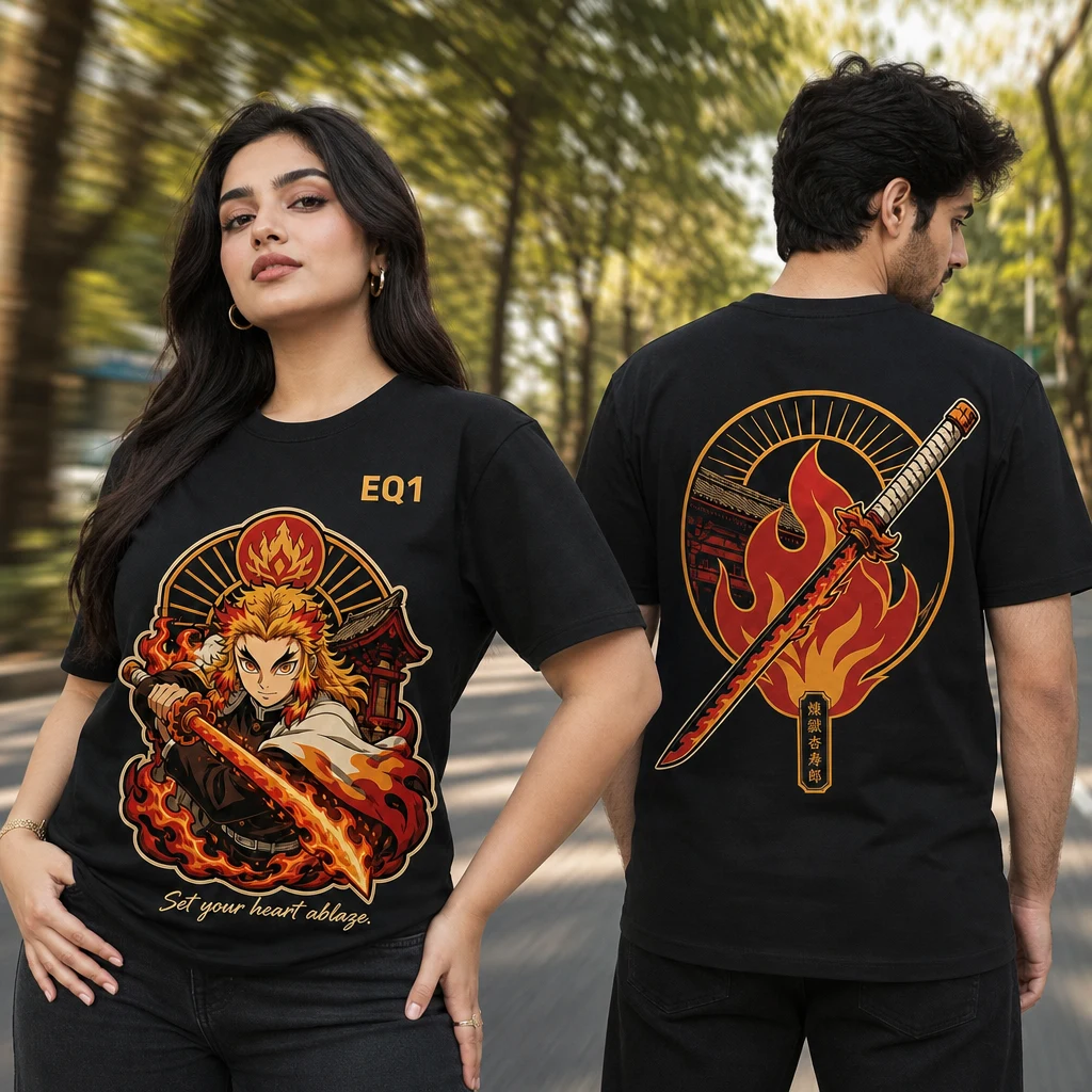 Kyojuro Rengoku Environment Fragment T-shirt — on-model front and back view